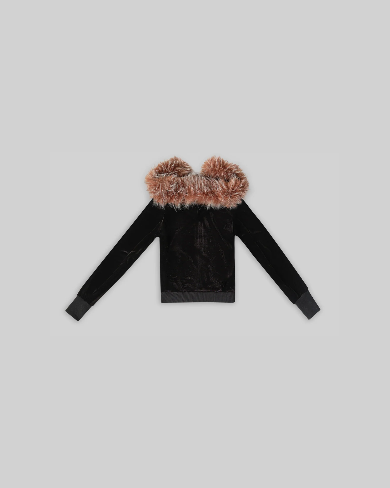 VELOUR PLUSH TRACKSUIT JACKET WITH FUR (BLACK) - Image 3
